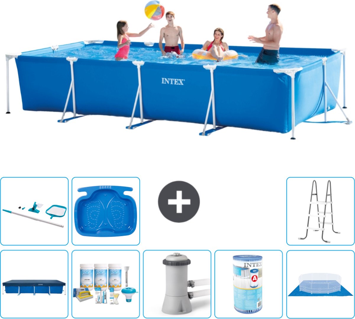 Intex Rechthoekig Frame Zwembad - 450 x 220 x 84 cm - Blauw - Inclusief Afdekzeil - Onderhoudspakket - Zwembadfilterpomp - Filter - Grondzeil - Schoonmaakset - Ladder - Voetenbad