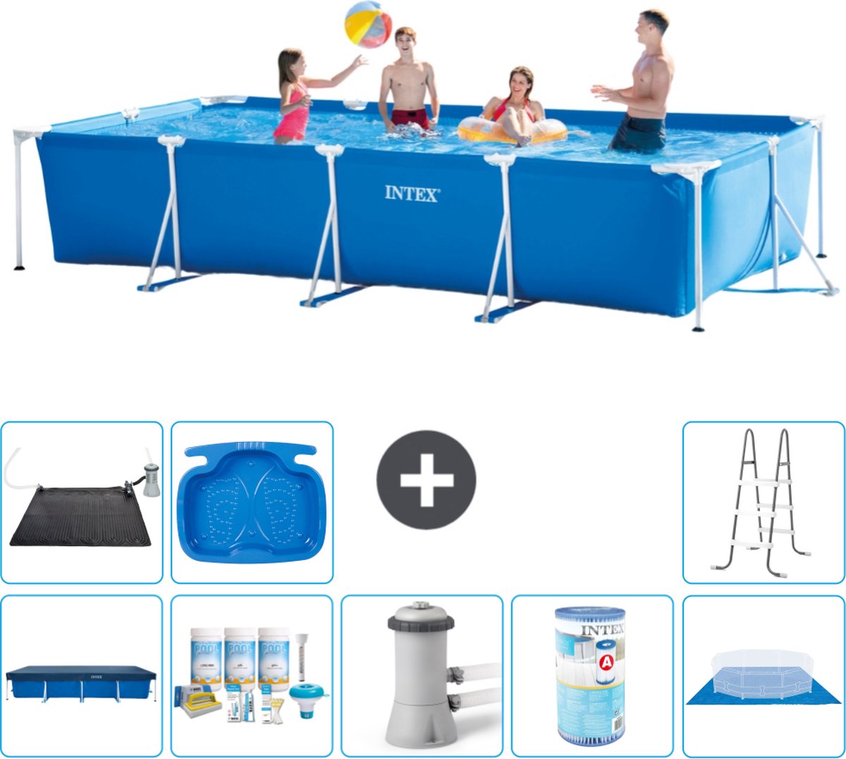 Intex Rechthoekig Frame Zwembad - 450 x 220 x 84 cm - Blauw - Inclusief Afdekzeil - Onderhoudspakket - Zwembadfilterpomp - Filter - Grondzeil - Solar Mat - Ladder - Voetenbad
