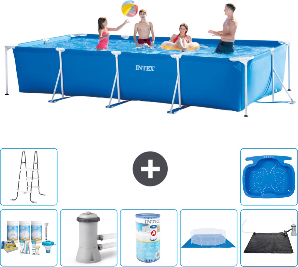 Intex Rechthoekig Frame Zwembad - 450 x 220 x 84 cm - Blauw - Inclusief Onderhoudspakket - Zwembadfilterpomp - Filter - Grondzeil - Solar Mat - Ladder - Voetenbad
