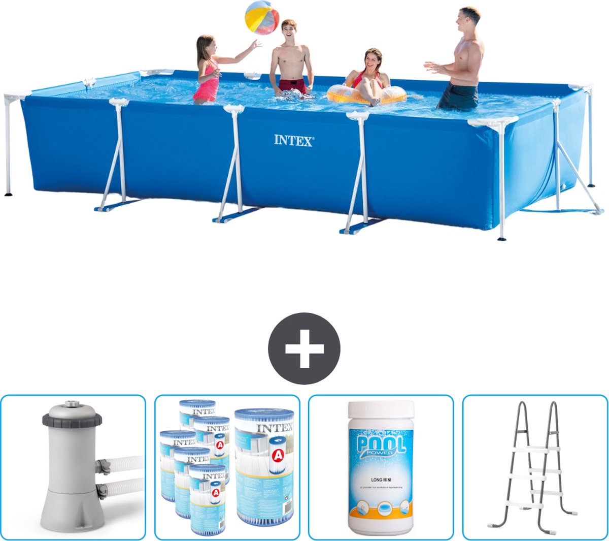 Intex Rechthoekig Frame Zwembad - 450 x 220 x 84 cm - Blauw - Inclusief Pomp Filters - Chloor - Ladder