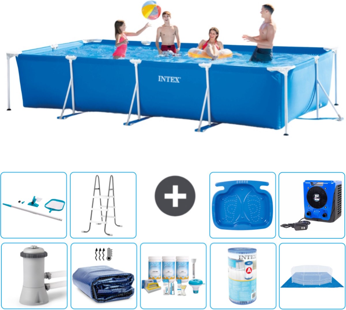 Intex Rechthoekig Frame Zwembad - 450 x 220 x 84 cm - Blauw - Inclusief Pomp Solarzeil - Onderhoudspakket - Filter - Grondzeil - Schoonmaakset - Ladder - Voetenbad - Warmtepomp