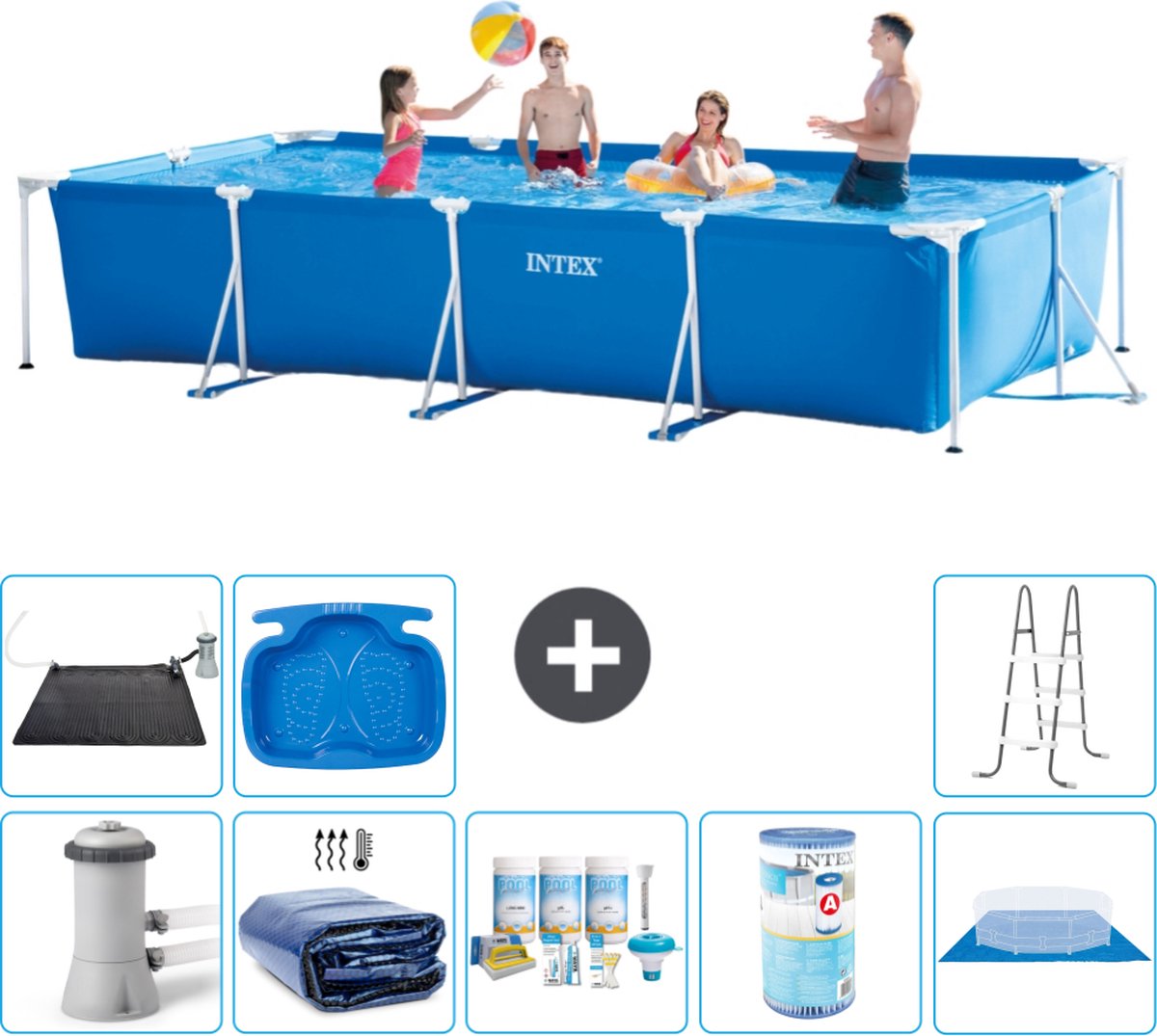 Intex Rechthoekig Frame Zwembad - 450 x 220 x 84 cm - Blauw - Inclusief Pomp Solarzeil - Onderhoudspakket - Filter - Grondzeil - Solar Mat - Ladder - Voetenbad