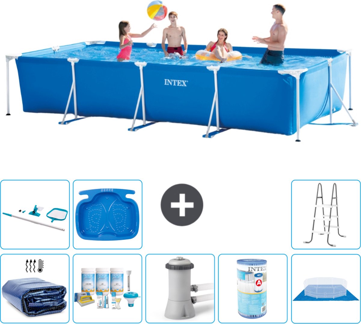 Intex Rechthoekig Frame Zwembad - 450 x 220 x 84 cm - Blauw - Inclusief Solarzeil - Onderhoudspakket - Zwembadfilterpomp - Filter - Grondzeil - Schoonmaakset - Ladder - Voetenbad