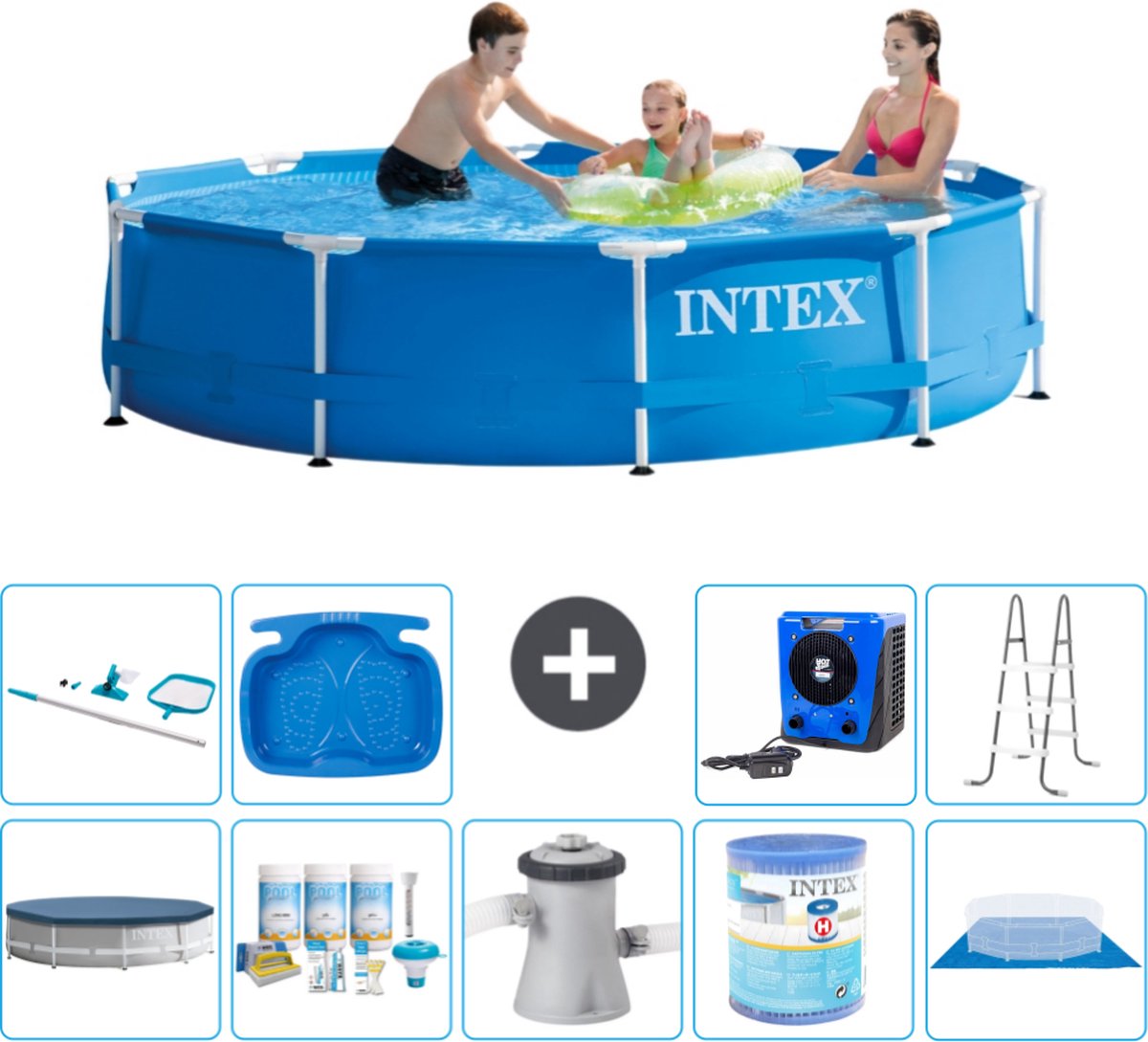 Intex Rond Frame Zwembad - 305 x 76 cm - Blauw - Inclusief Afdekzeil - Onderhoudspakket - Zwembadfilterpomp - Filter - Grondzeil - Schoonmaakset - Ladder - Voetenbad - Warmtepomp