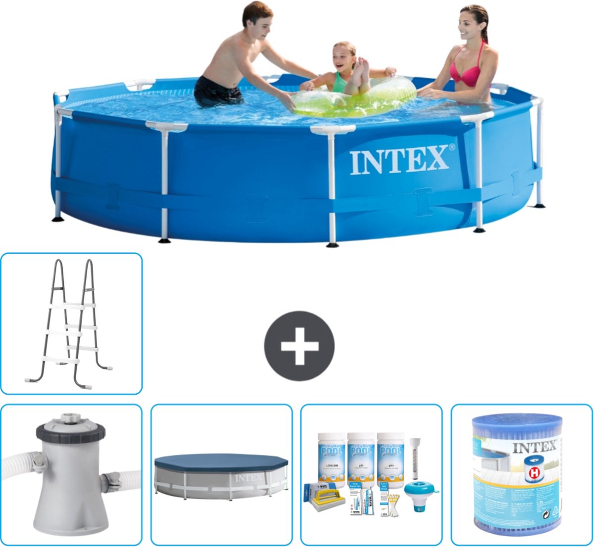 Intex Rond Frame Zwembad - 305 x 76 cm - Blauw - Inclusief Pomp Afdekzeil - Onderhoudspakket - Filter - Ladder - Voetenbad