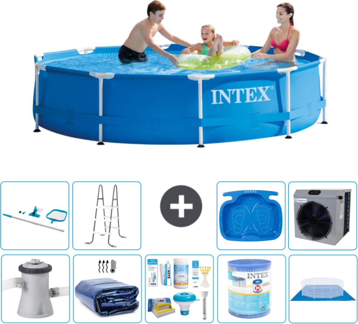 Intex Rond Frame Zwembad - 305 x 76 cm - Blauw - Inclusief Pomp Solarzeil - Onderhoudspakket - Filter - Grondzeil - Schoonmaakset - Ladder - Voetenbad - Warmtepomp