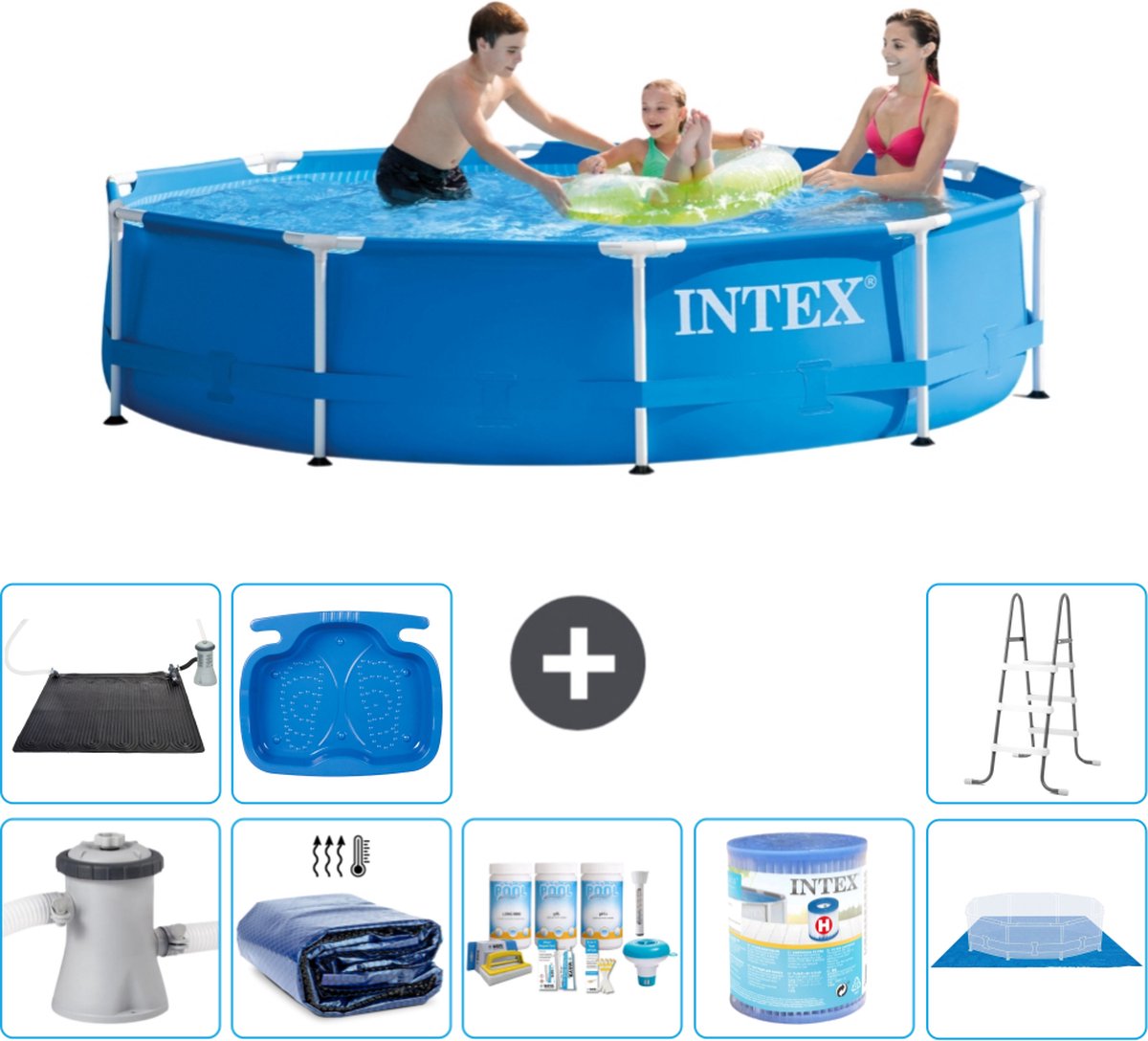 Intex Rond Frame Zwembad - 305 x 76 cm - Blauw - Inclusief Pomp Solarzeil - Onderhoudspakket - Filter - Grondzeil - Solar Mat - Ladder - Voetenbad