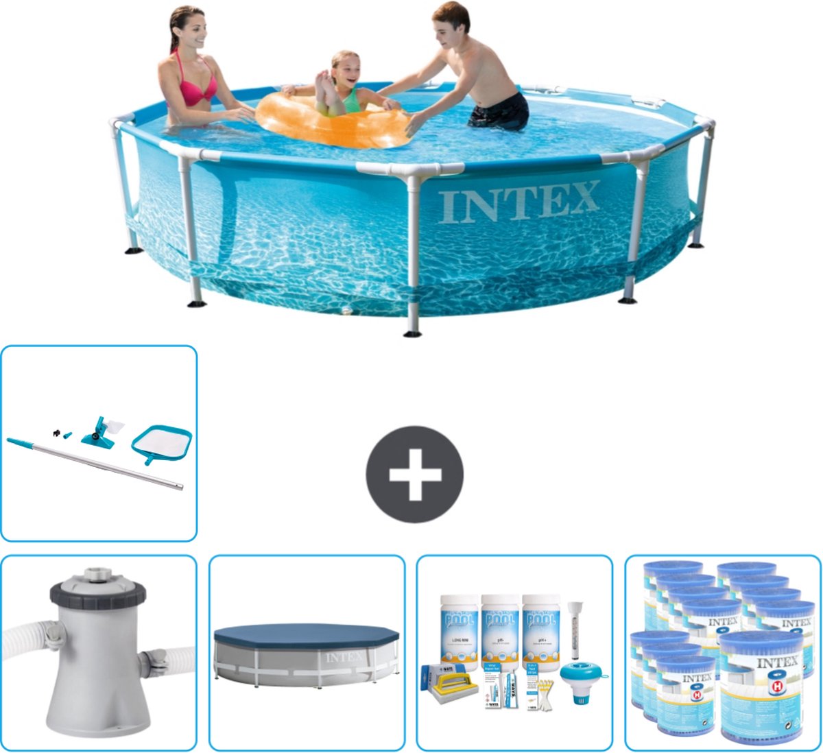 Intex Rond Frame Zwembad - 305 x 76 cm - Waterprint - Inclusief Pomp Afdekzeil - Onderhoudspakket - Filters - Schoonmaakset