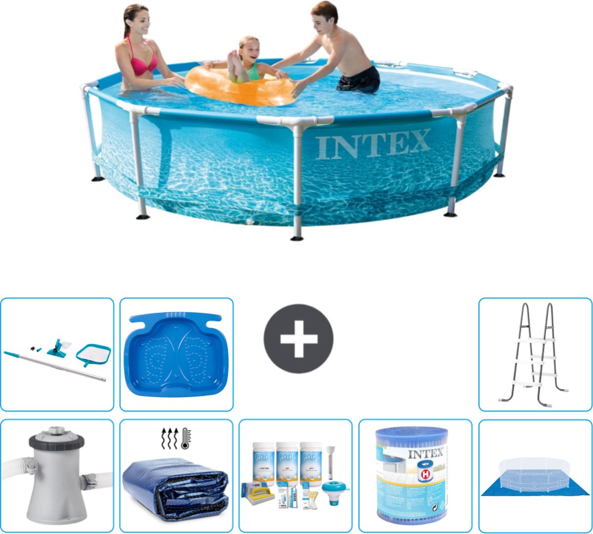 Intex Rond Frame Zwembad - 305 x 76 cm - Waterprint - Inclusief Pomp Solarzeil - Onderhoudspakket - Filter - Grondzeil - Schoonmaakset - Ladder - Voetenbad