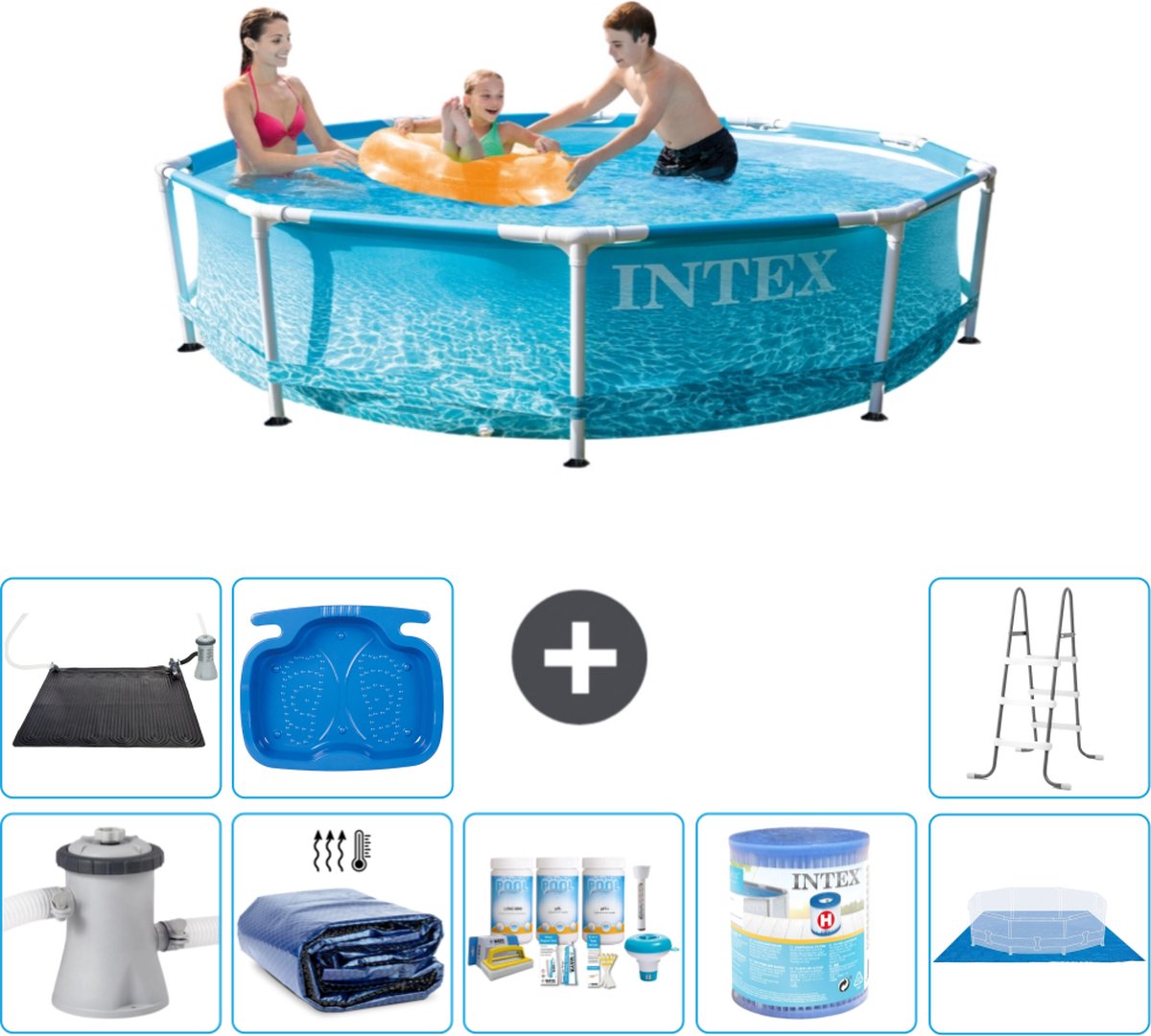Intex Rond Frame Zwembad - 305 x 76 cm - Waterprint - Inclusief Pomp Solarzeil - Onderhoudspakket - Filter - Grondzeil - Solar Mat - Ladder - Voetenbad