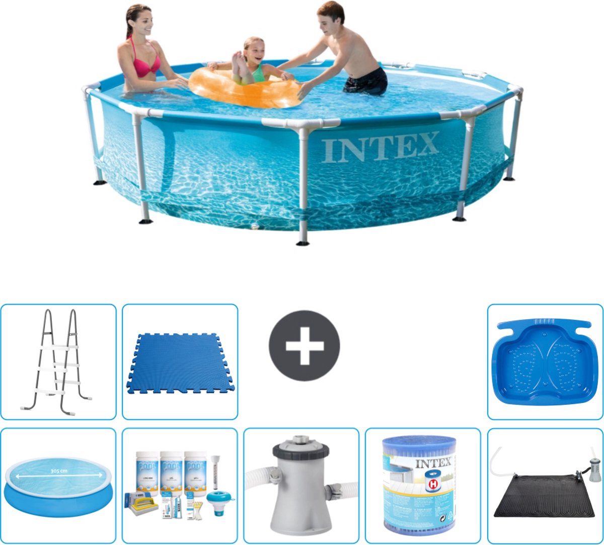 Intex Rond Frame Zwembad - 305 x 76 cm - Waterprint - Inclusief Solarzeil - Onderhoudspakket - Zwembadfilterpomp - Filter - Solar Mat - Ladder - Voetenbad - Vloertegels