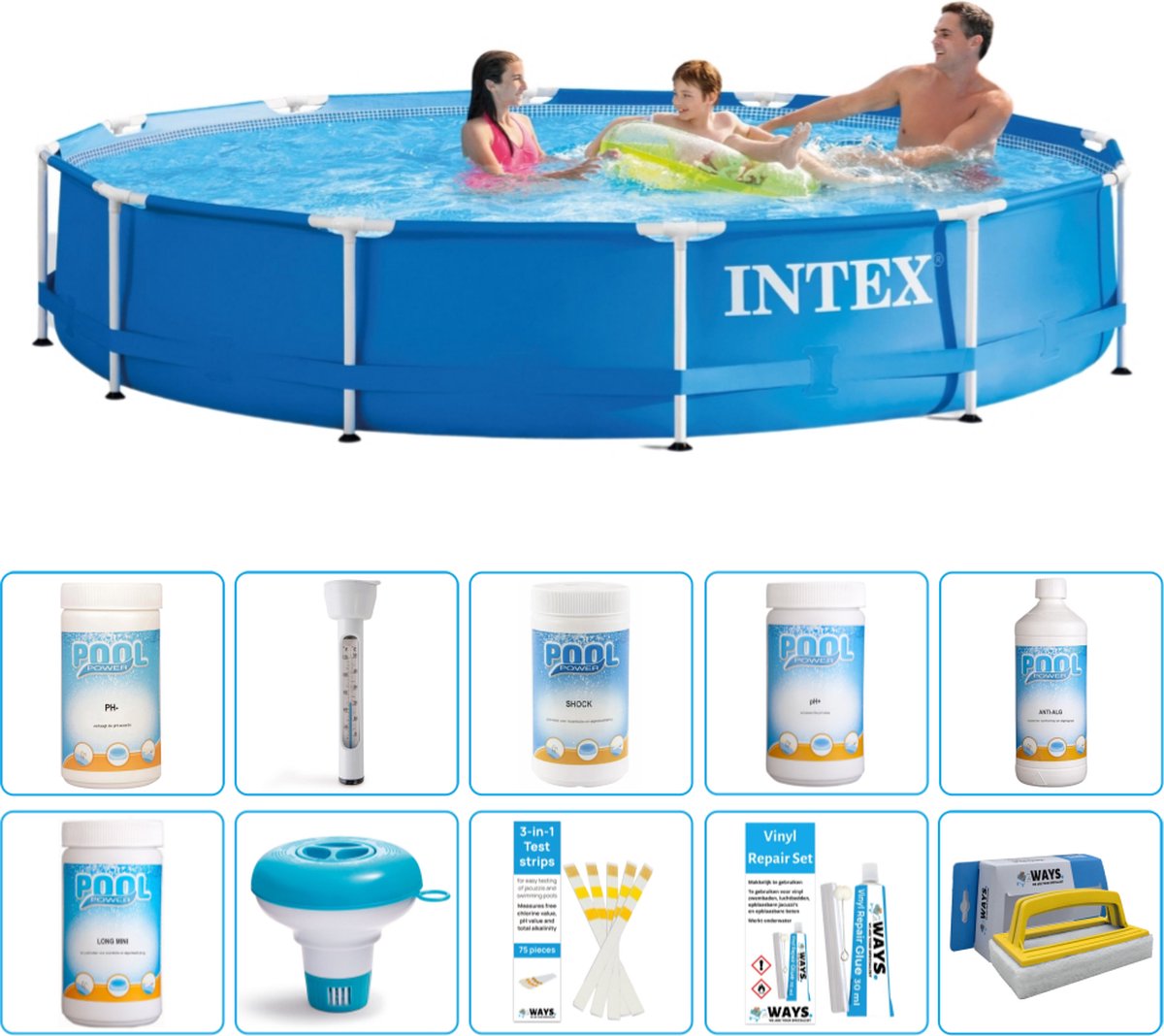 Intex Rond Frame Zwembad - 366 x 76 cm - Blauw - Inclusief Chloor - Chloordrijver - Testrips - Reparatiesetje - Scrubborstel - PH-waarde - PH-waarde - Thermometer - Algen - Chloor