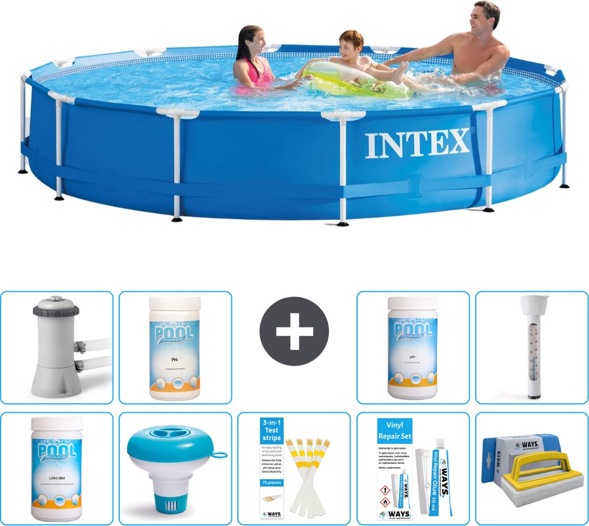 Intex Rond Frame Zwembad - 366 x 76 cm - Blauw - Inclusief Pomp Chloor - Chloordrijver - Testrips - Reparatiesetje - Scrubborstel - PH-waarde - PH-waarde - Thermometer