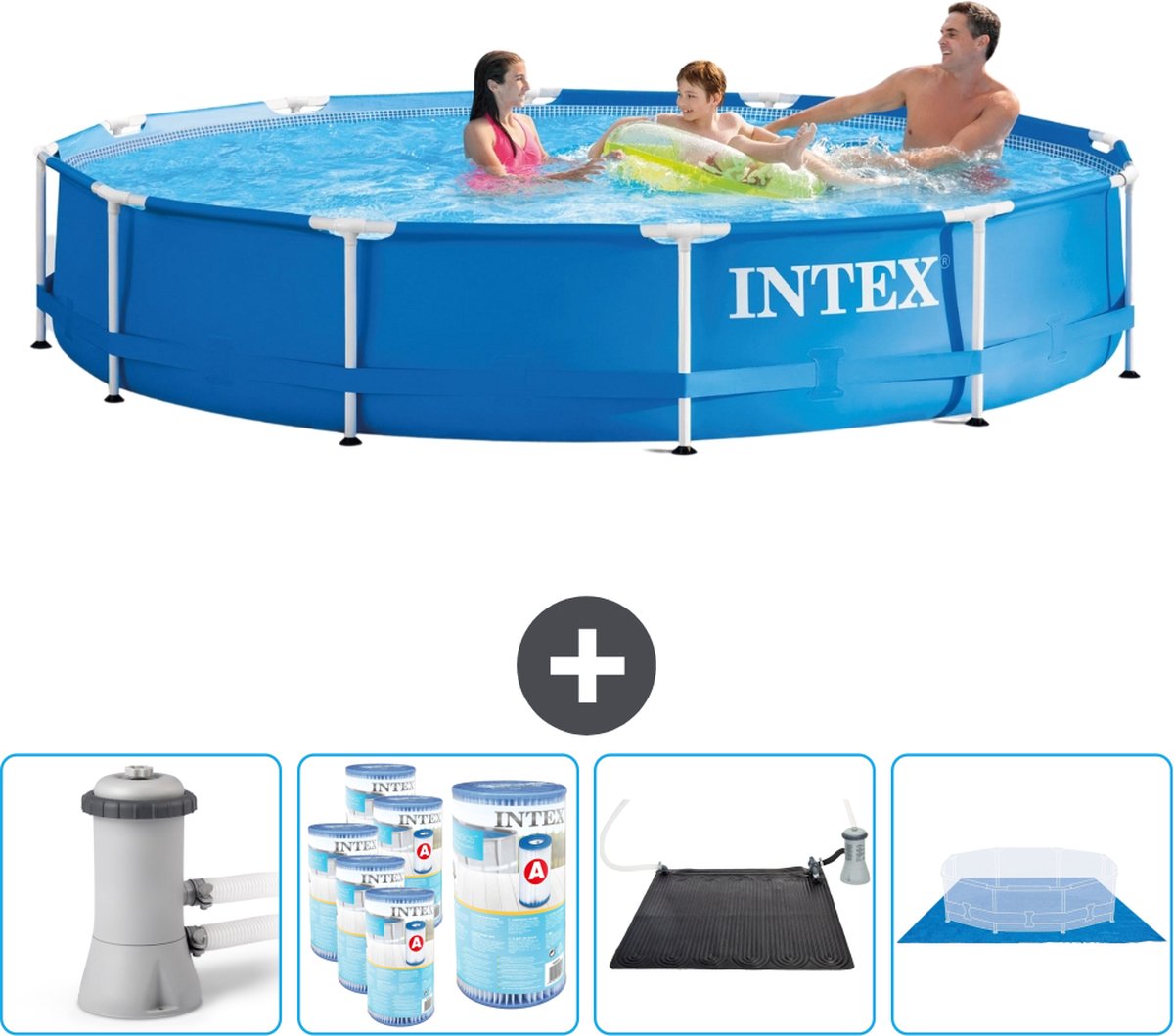 Intex Rond Frame Zwembad - 366 x 76 cm - Blauw - Inclusief Pomp Filters - Solar Mat - Grondzeil