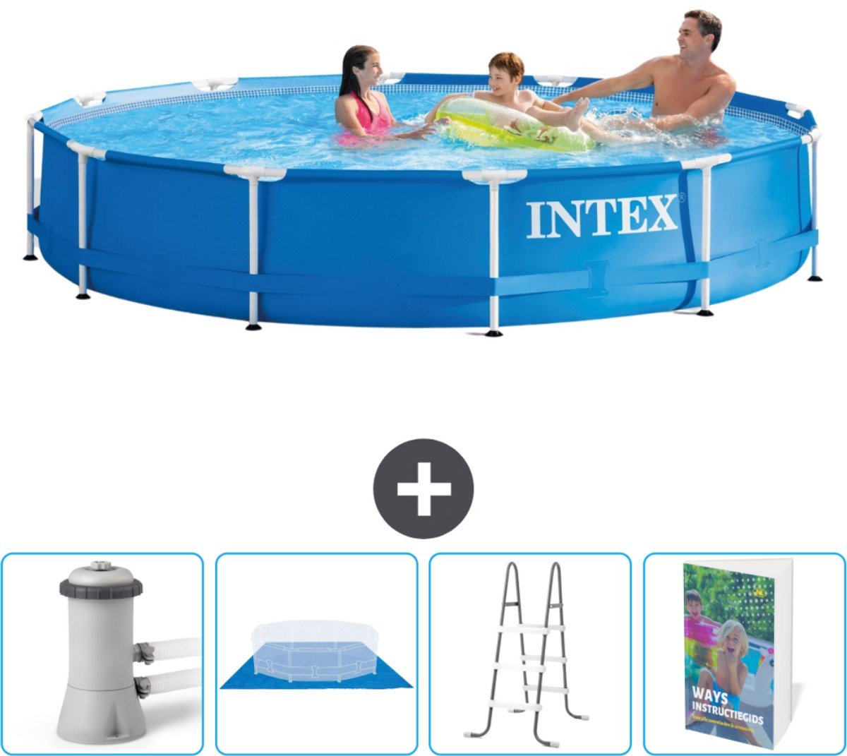 Intex Rond Frame Zwembad - 366 x 76 cm - Blauw - Inclusief Pomp Grondzeil - Ladder - Zwembadgids