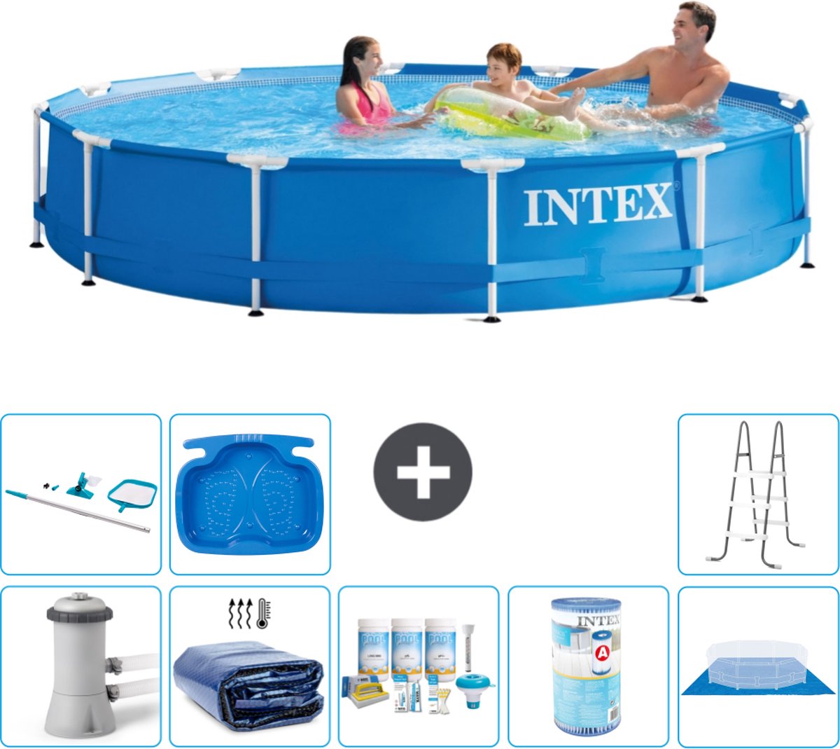 Intex Rond Frame Zwembad - 366 x 76 cm - Blauw - Inclusief Pomp Solarzeil - Onderhoudspakket - Filter - Grondzeil - Schoonmaakset - Ladder - Voetenbad