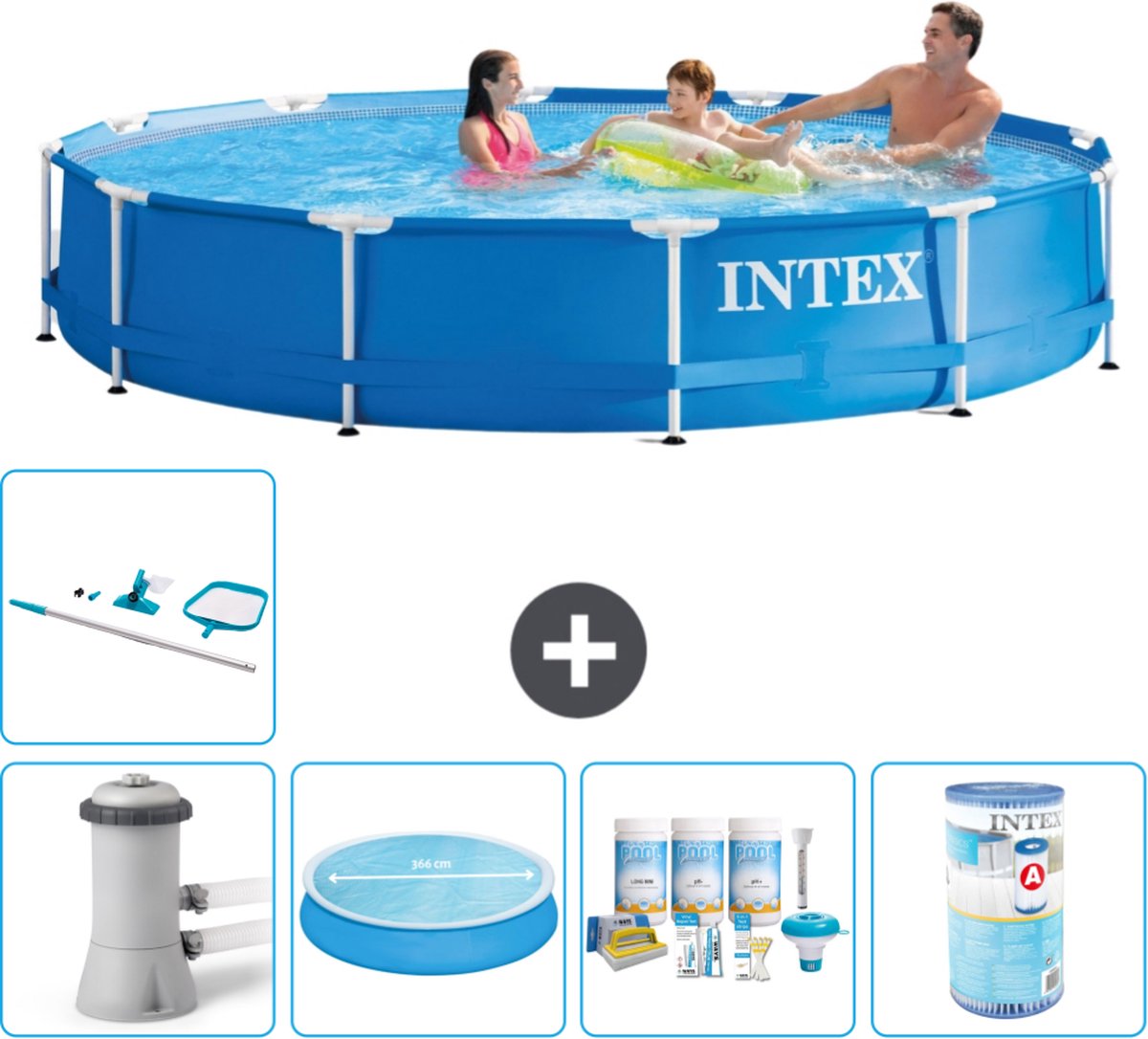 Intex Rond Frame Zwembad - 366 x 76 cm - Blauw - Inclusief Pomp Solarzeil - Onderhoudspakket - Filter - Schoonmaakset