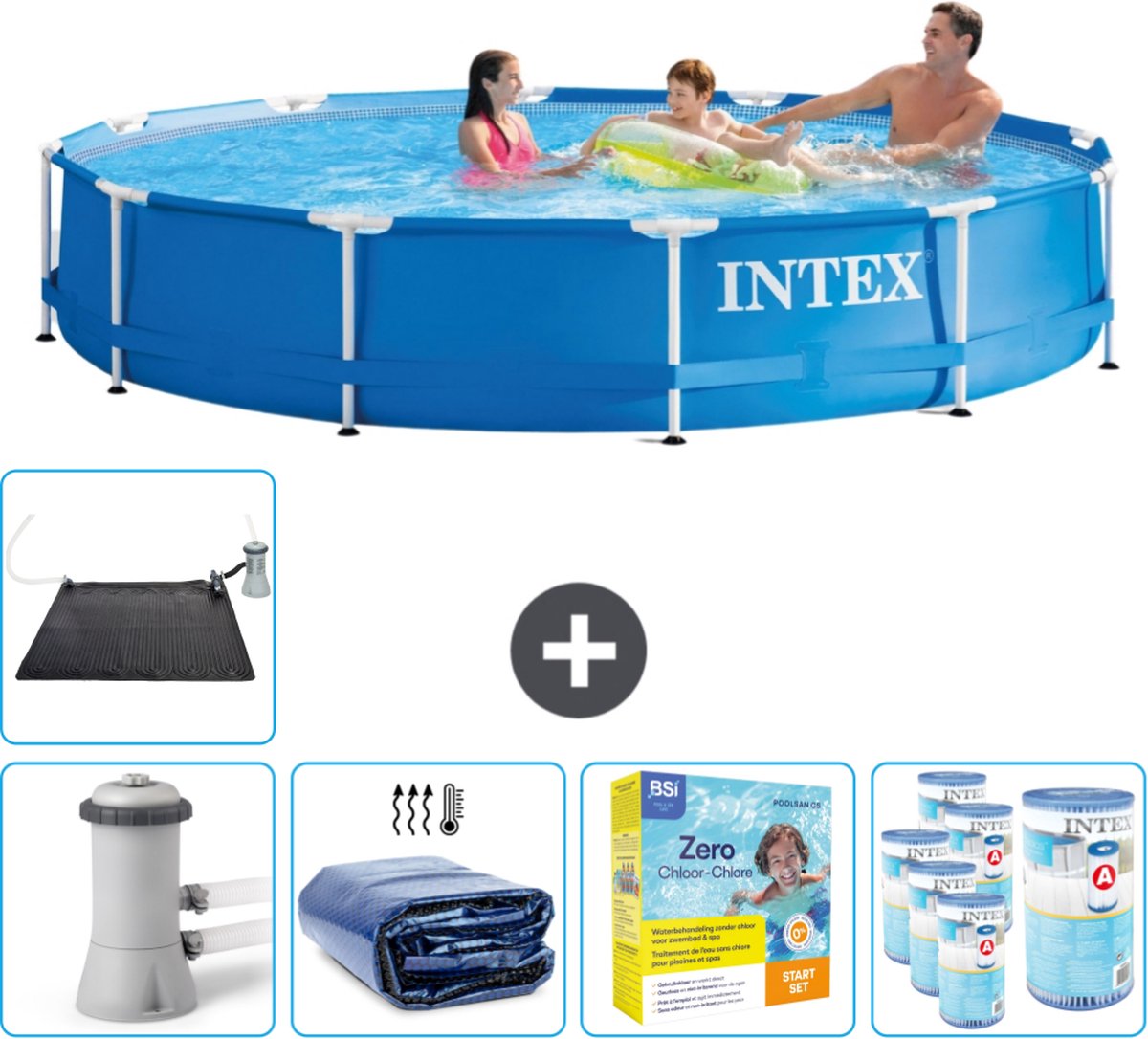Intex Rond Frame Zwembad - 366 x 76 cm - Blauw - Inclusief Pomp Solarzeil - Onderhoudspakket - Filters - Solar Mat