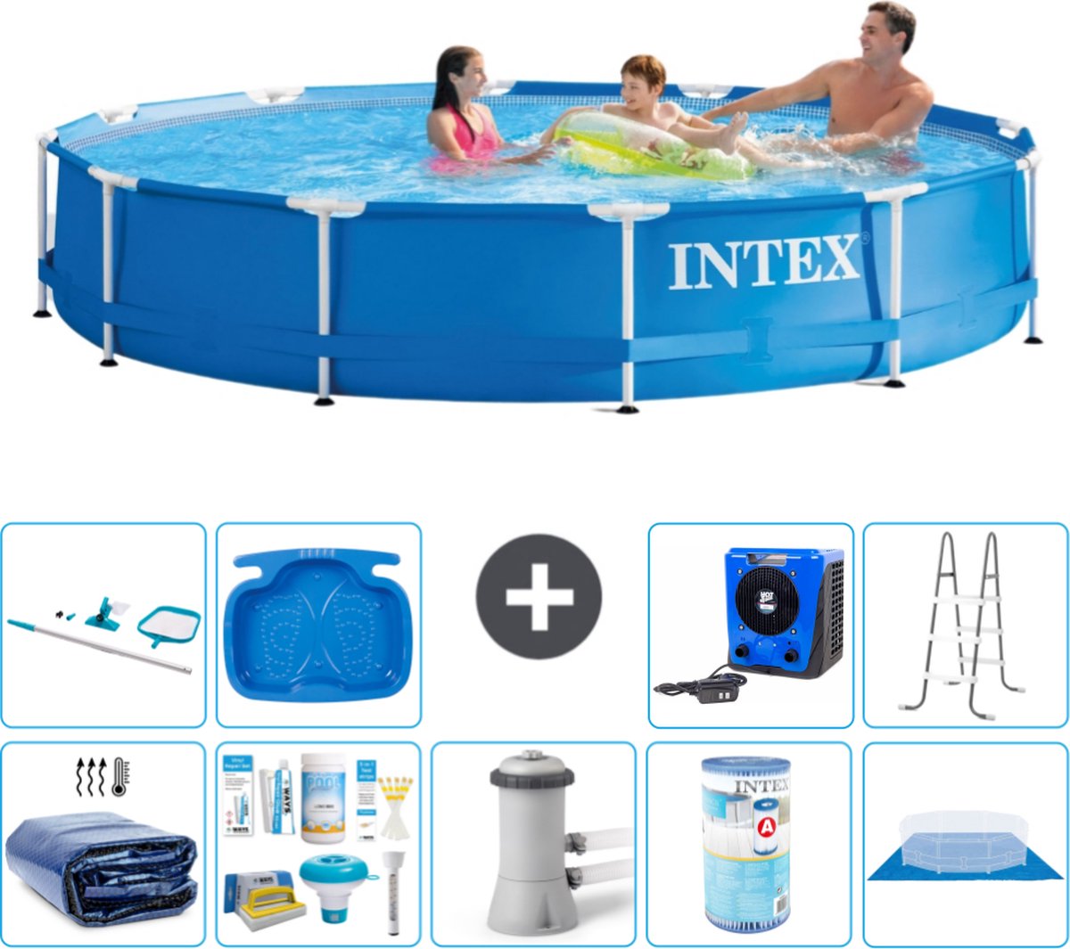 Intex Rond Frame Zwembad - 366 x 76 cm - Blauw - Inclusief Solarzeil - Onderhoudspakket - Zwembadfilterpomp - Filter - Grondzeil - Schoonmaakset - Ladder - Voetenbad - Warmtepomp