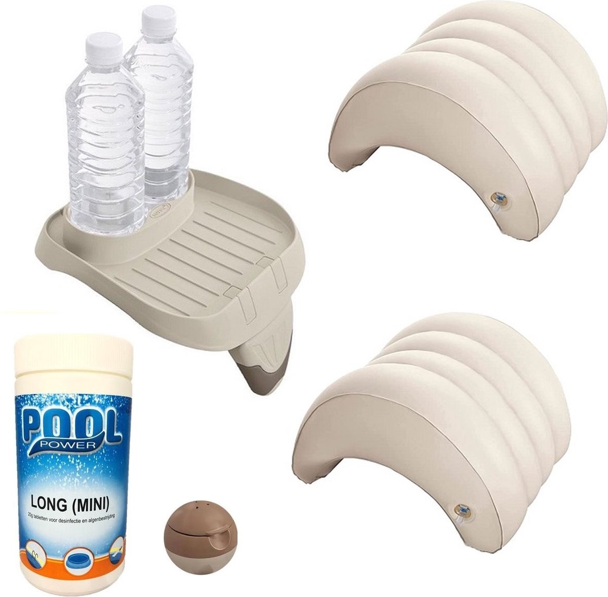 Intex PureSpa accessoire set 2x hoofdsteun 1x bekerhouder met 1kg chloortabs 90/20 en chloordrijver