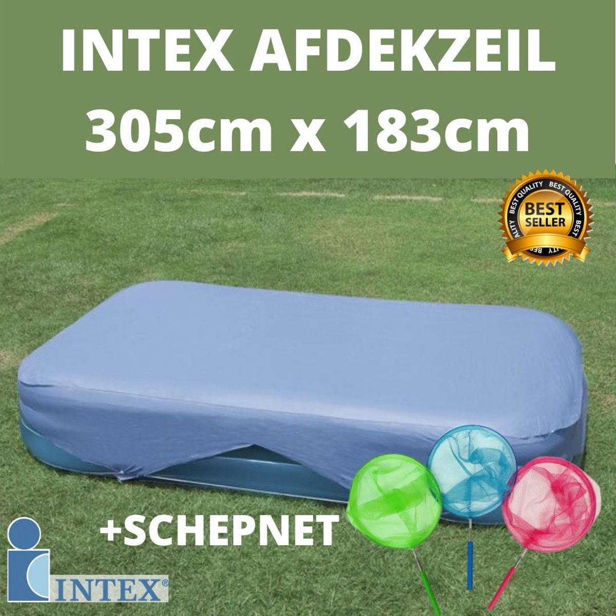 Afdekzeil zwembad - Afdekzeil zwembad intex - Afdekzeil MET schepnet - Afdekzeil rechthoekig - 305 cm x 183 cm