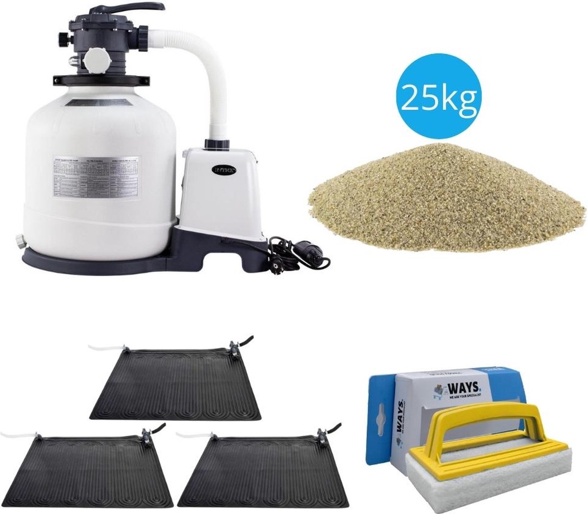   - 3x Zwembad verwarming & Zandfilterpomp 3500 L/u & Filterzand 25 kg & WAYS Scrubborstel