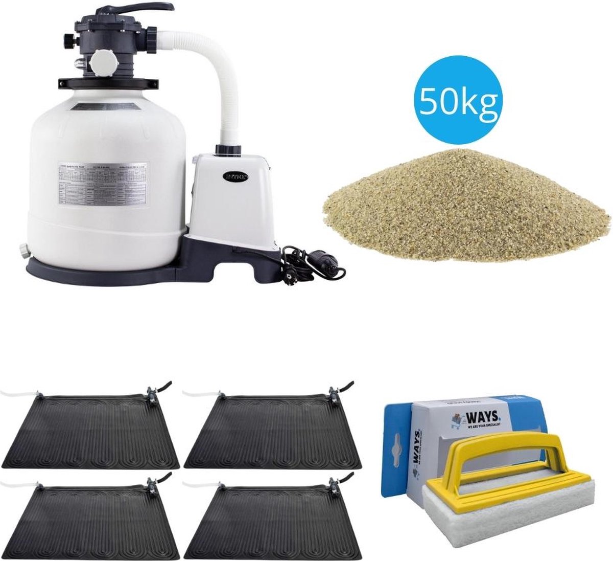   - 4x Zwembad verwarming & Zandfilterpomp 3500 L/u & Filterzand 50 kg & WAYS Scrubborstel