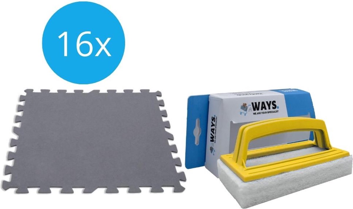 Intex - Voordeelverpakking - Zwembadtegels Grijs - 2 verpakkingen van 8 tegels - 4m² & WAYS scrubborstel