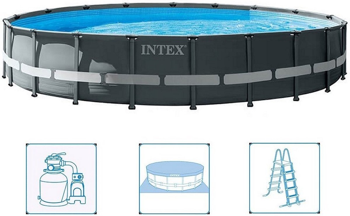 Intex 26334GN Ultra XTR Frame Zwembad 610x122 cm + Zandfilterpomp en Trap + Accessoires Grijs