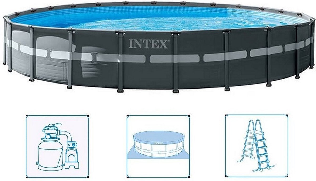 Intex 26340GN Ultra XTR Frame Zwembad 732x132 cm + Zandfilterpomp en Trap + Accessoires Grijs