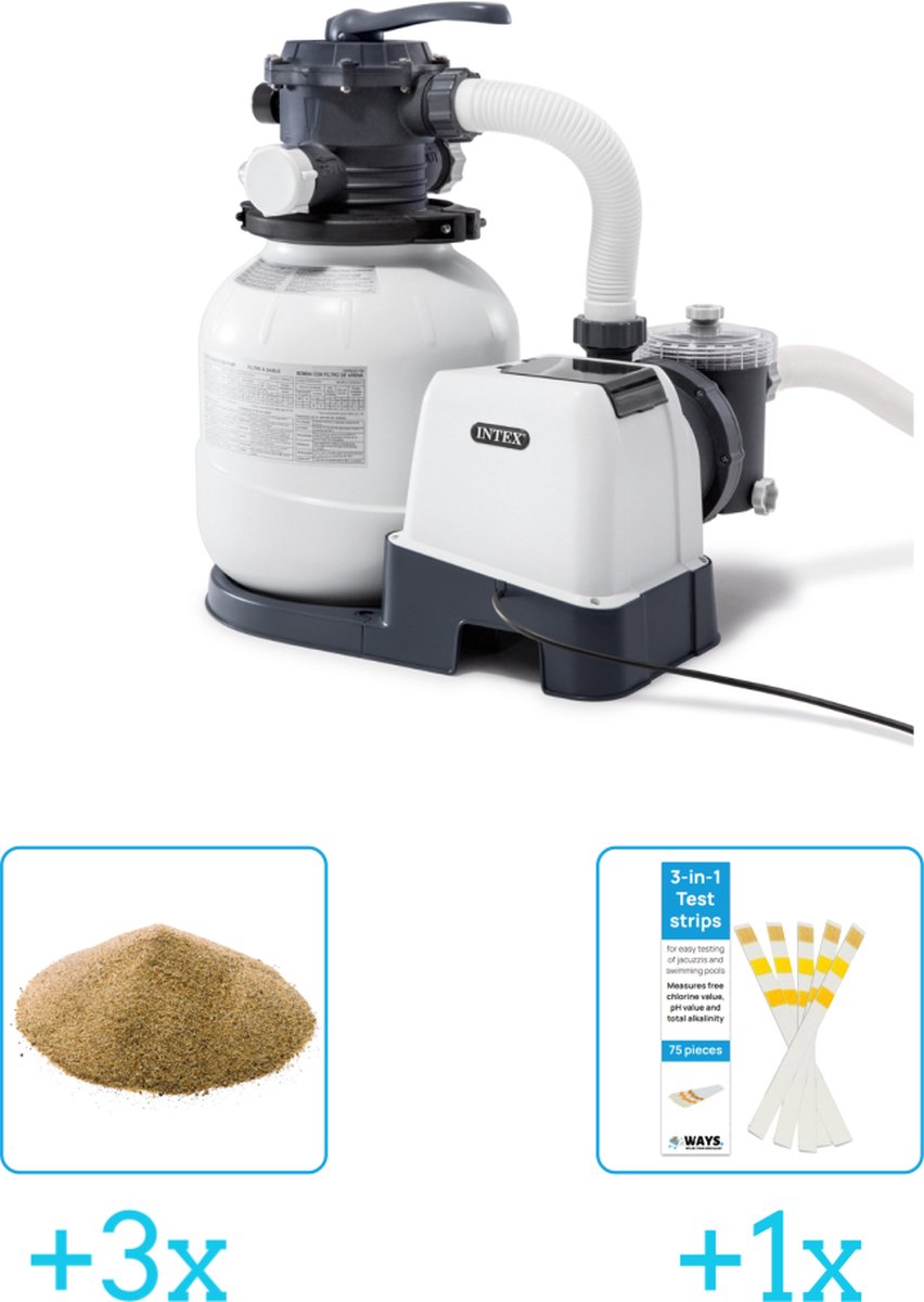   26646GS Zandfilterpomp - SX2100 - 6000 liter per uur inclusief Interline Vulling Zandfilter 0.4/0.8mm - Zwembad-Toebehoren - 25 kg (3 stuks) & WAYS Testrips (1 stuks)