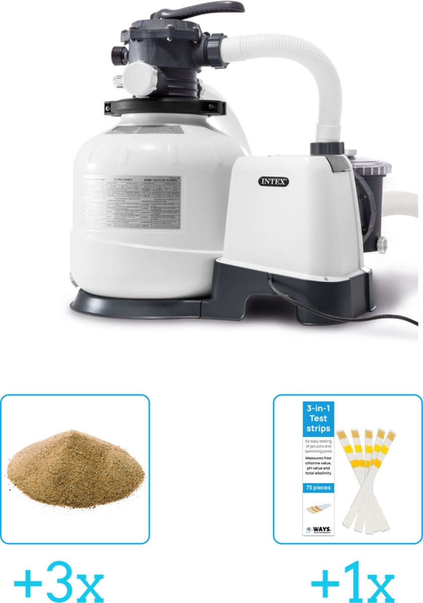   26648GS Zandfilterpomp - SX2800 - 8000 liter per uur inclusief Interline Vulling Zandfilter 0.4/0.8mm - Zwembad-Toebehoren - 25 kg (3 stuks) & WAYS Testrips (1 stuks)
