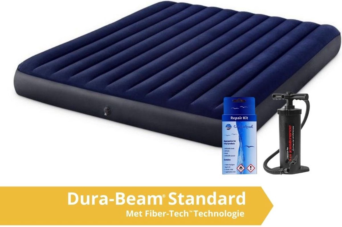   Classic Dura-Beam - Luchtbed - 2 Persoons - Kingsize - Met Repairset en Handpomp - 203x183x25 cm - PVC - Blauw