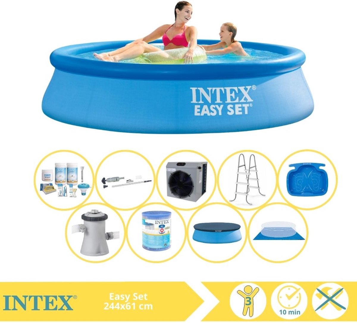   Easy Set Zwembad - Opblaaszwembad - 244x61 cm - Inclusief Afdekzeil, Onderhoudspakket, Filter, Grondzeil, Stofzuiger, Trap, Voetenbad en Warmtepomp CP