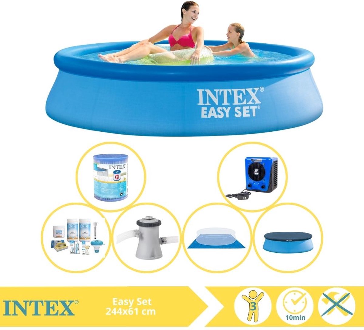 Intex Easy Set Zwembad - Opblaaszwembad - 244x61 cm - Inclusief Afdekzeil, Onderhoudspakket, Zwembadpomp, Filter, Grondzeil en Warmtepomp HS