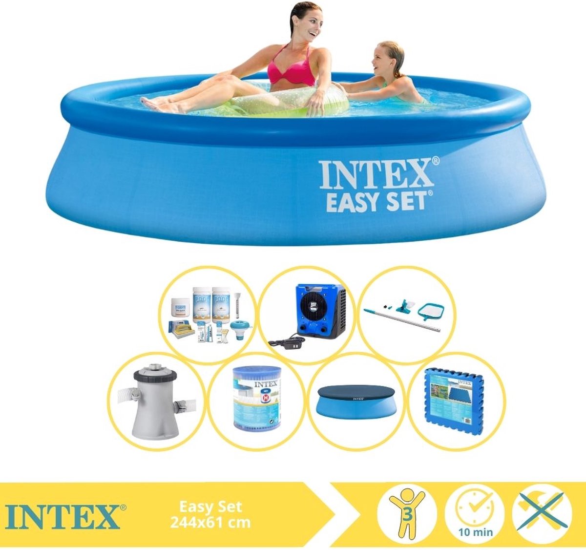 Intex Easy Set Zwembad - Opblaaszwembad - 244x61 cm - Inclusief Afdekzeil, Onderhoudspakket, Zwembadpomp, Filter, Onderhoudsset, Zwembadtegels en Warmtepomp HS