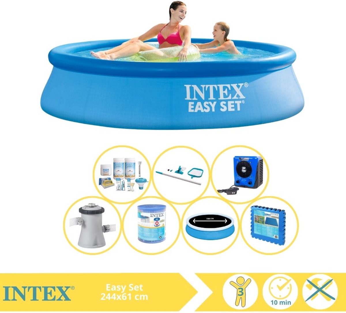 Intex Easy Set Zwembad - Opblaaszwembad - 244x61 cm - Inclusief Solarzeil Pro, Onderhoudspakket, Filter, Onderhoudsset, Zwembadtegels en Warmtepomp HS