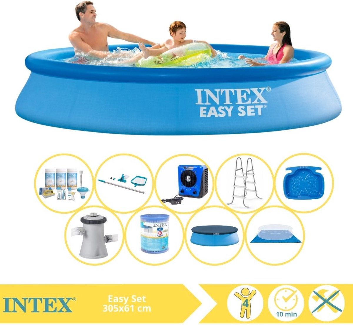   Easy Set Zwembad - Opblaaszwembad - 305x61 cm - Inclusief Afdekzeil, Onderhoudspakket, Zwembadpomp, Filter, Grondzeil, Onderhoudsset, Trap, Voetenbad en Warmtepomp HS