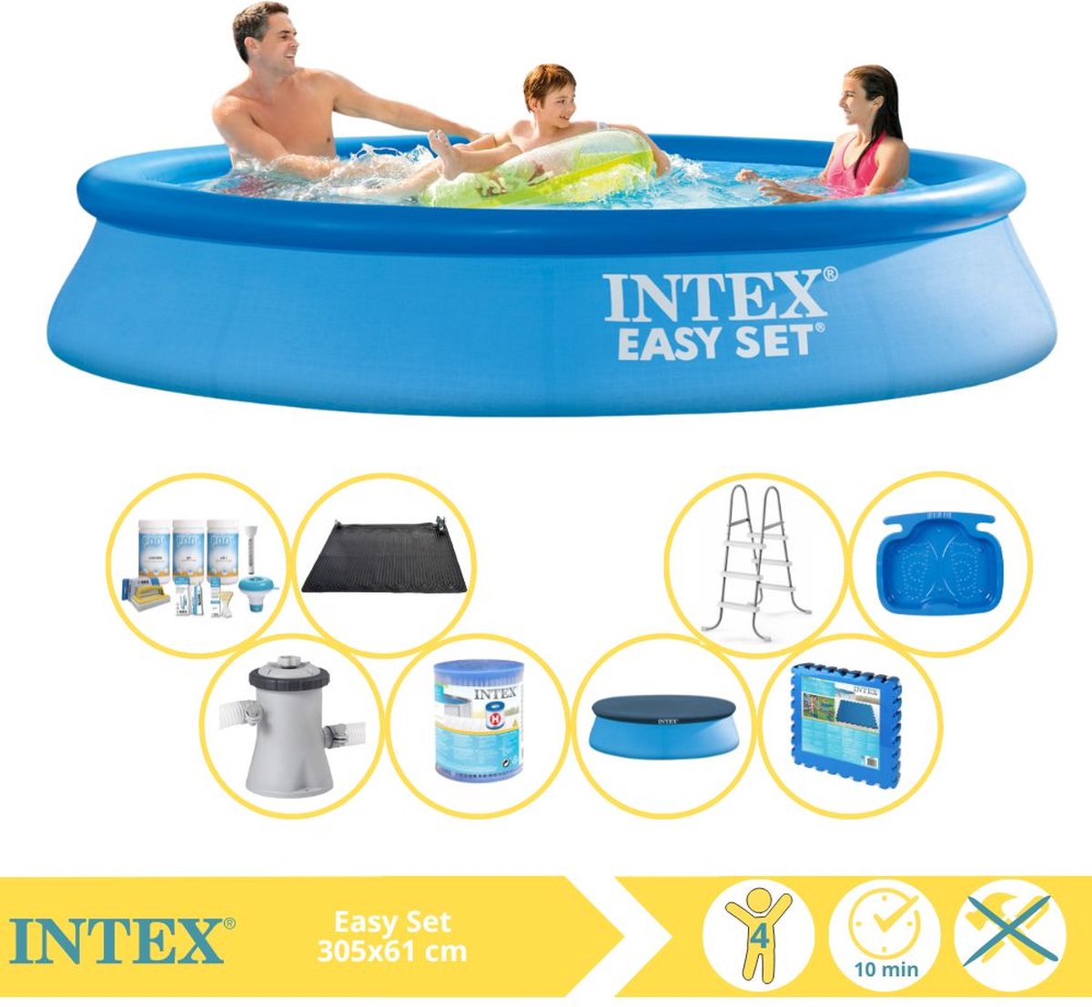   Easy Set Zwembad - Opblaaszwembad - 305x61 cm - Inclusief Afdekzeil, Onderhoudspakket, Zwembadpomp, Filter, Solar Mat, Trap, Voetenbad en Zwembadtegels