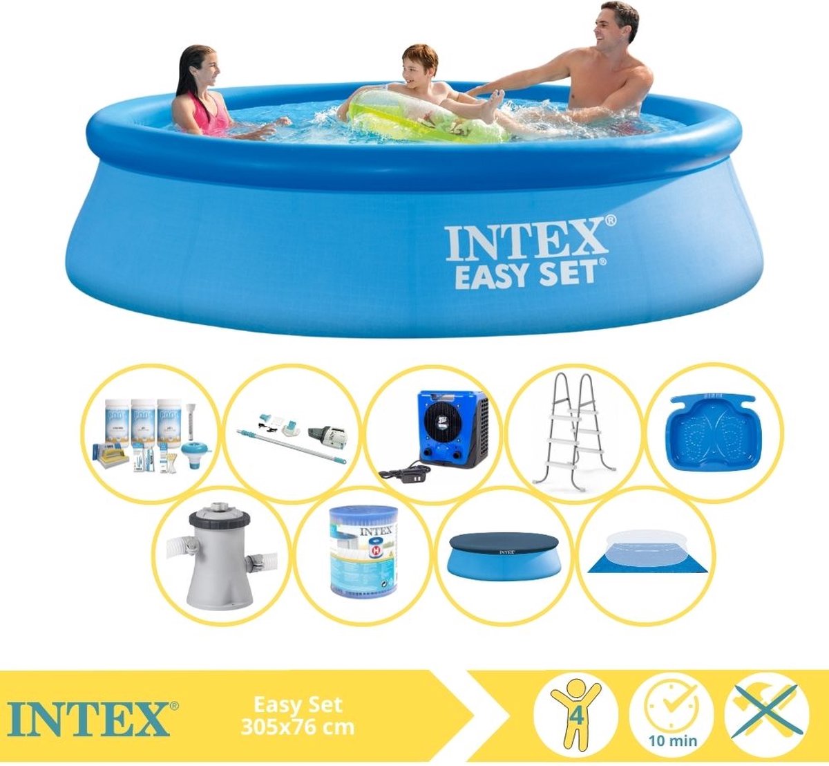 Intex Easy Set Zwembad - Opblaaszwembad - 305x76 cm - Inclusief Afdekzeil, Onderhoudspakket, Filter, Grondzeil, Stofzuiger, Trap, Voetenbad en Warmtepomp HS