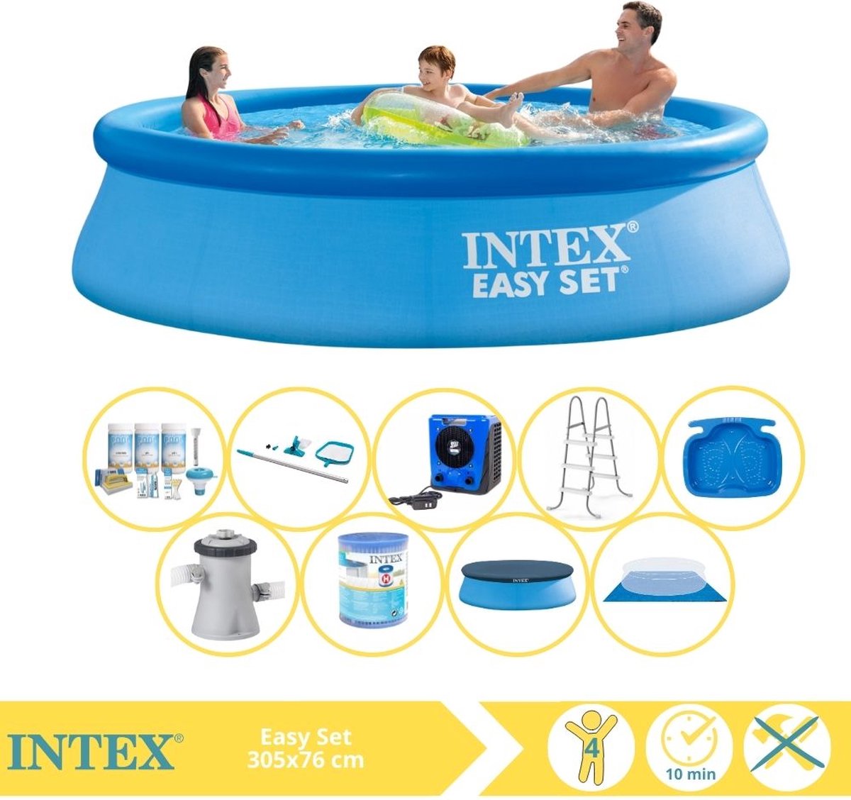 Intex Easy Set Zwembad - Opblaaszwembad - 305x76 cm - Inclusief Afdekzeil, Onderhoudspakket, Zwembadpomp, Filter, Grondzeil, Onderhoudsset, Trap, Voetenbad en Warmtepomp HS