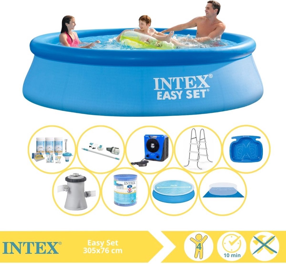 Intex Easy Set Zwembad - Opblaaszwembad - 305x76 cm - Inclusief Solarzeil, Onderhoudspakket, Filter, Grondzeil, Stofzuiger, Trap, Voetenbad en Warmtepomp HS