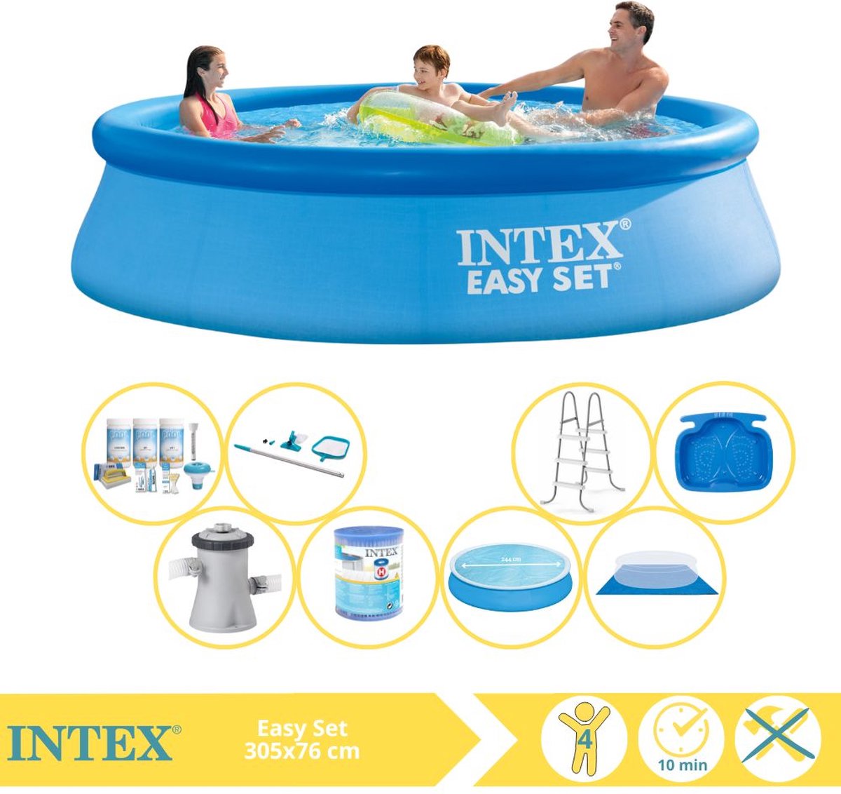   Easy Set Zwembad - Opblaaszwembad - 305x76 cm - Inclusief Solarzeil, Onderhoudspakket, Zwembadpomp, Filter, Grondzeil, Onderhoudsset, Trap en Voetenbad