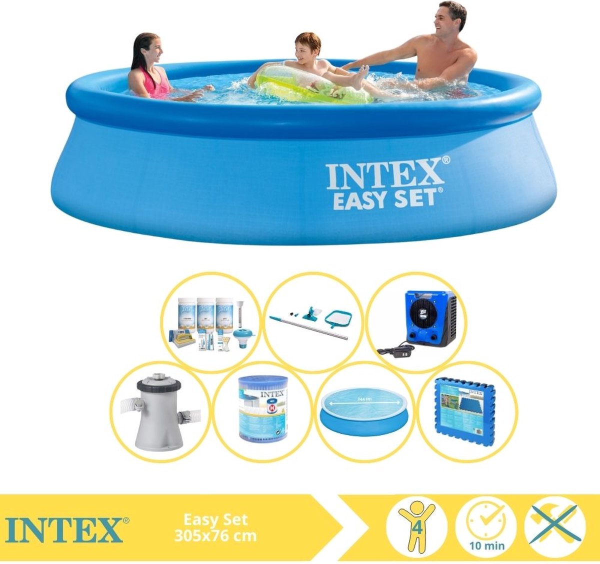 Intex Easy Set Zwembad - Opblaaszwembad - 305x76 cm - Inclusief Solarzeil, Onderhoudspakket, Zwembadpomp, Filter, Onderhoudsset, Zwembadtegels en Warmtepomp HS