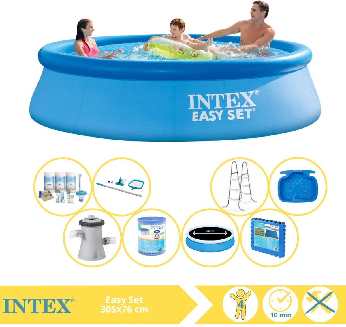   Easy Set Zwembad - Opblaaszwembad - 305x76 cm - Inclusief Solarzeil Pro, Onderhoudspakket, Zwembadpomp, Filter, Onderhoudsset, Trap, Voetenbad en Zwembadtegels
