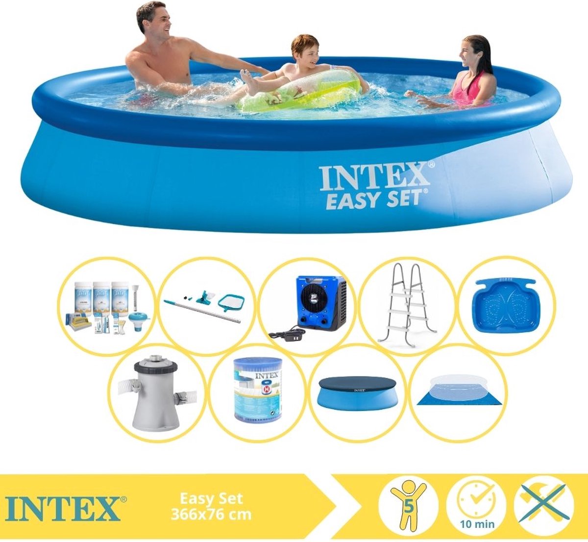   Easy Set Zwembad - Opblaaszwembad - 366x76 cm - Inclusief Afdekzeil, Onderhoudspakket, Filter, Grondzeil, Onderhoudsset, Trap, Voetenbad en Warmtepomp HS