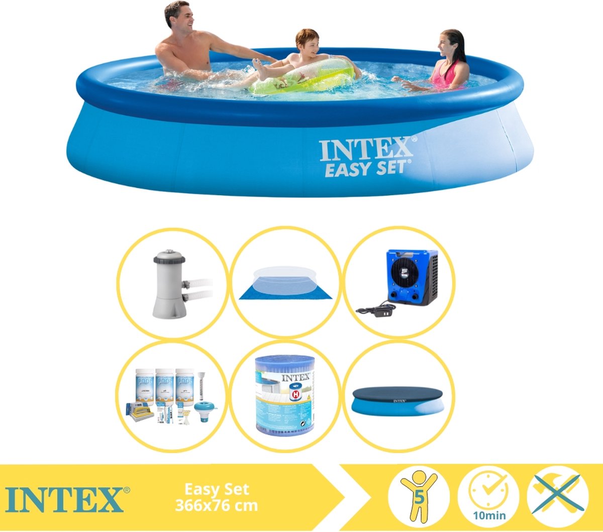 Intex Easy Set Zwembad - Opblaaszwembad - 366x76 cm - Inclusief Afdekzeil, Onderhoudspakket, Filter, Grondzeil en Warmtepomp HS