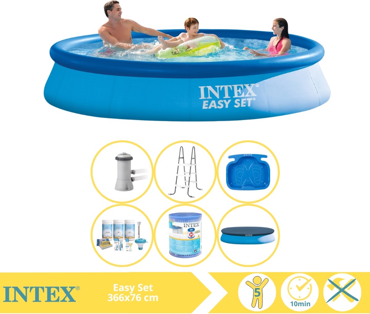   Easy Set Zwembad - Opblaaszwembad - 366x76 cm - Inclusief Afdekzeil, Onderhoudspakket, Filter, Trap en Voetenbad