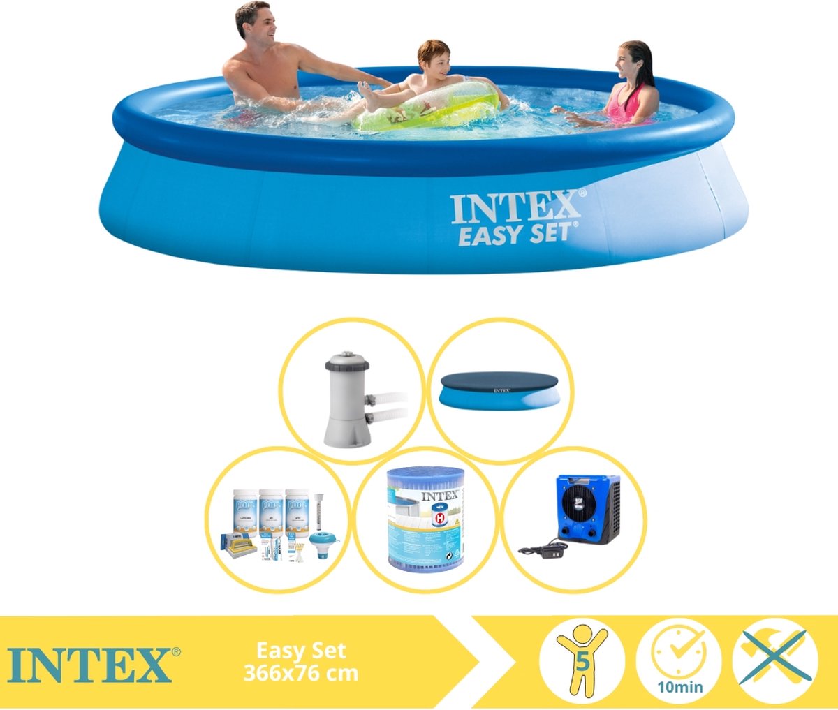 Intex Easy Set Zwembad - Opblaaszwembad - 366x76 cm - Inclusief Afdekzeil, Onderhoudspakket, Filter en Warmtepomp HS