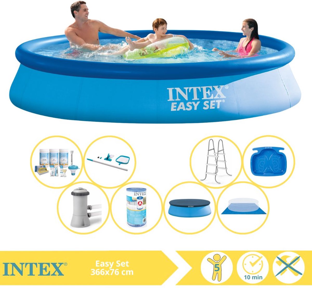   Easy Set Zwembad - Opblaaszwembad - 366x76 cm - Inclusief Afdekzeil, Onderhoudspakket, Zwembadpomp, Filter, Grondzeil, Onderhoudsset, Trap en Voetenbad
